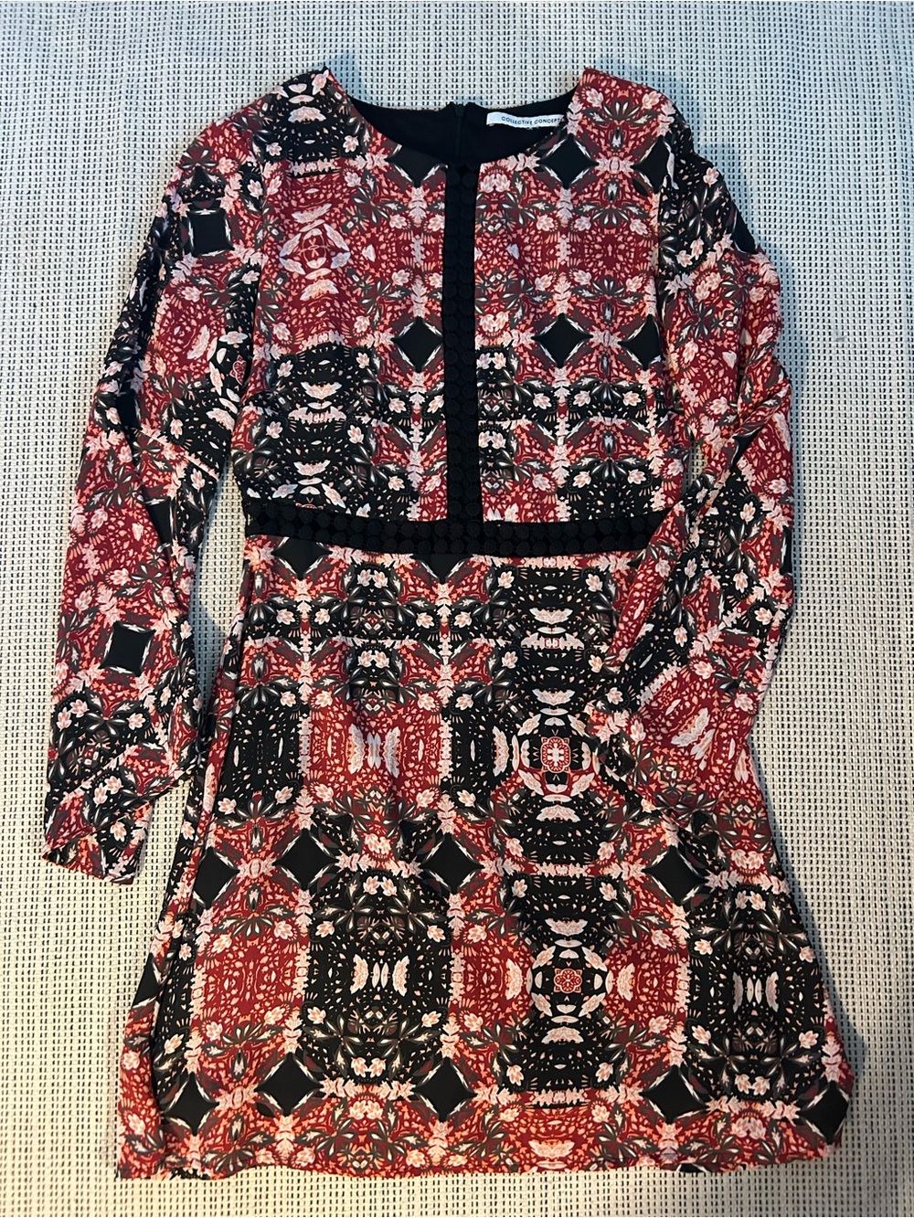 Collective Concepts Floral Geometric Mini Dress in Red, Black & White